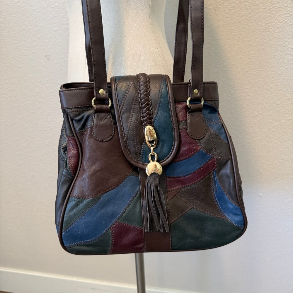 Elite Vintage Patchwork Leather Shoulder Bag Multi Color Boho Tassel Purse Brown